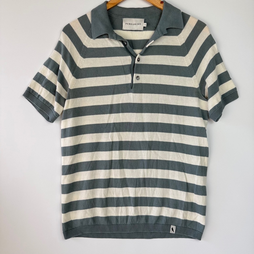 Peregrine Mens Striped Cotton Knit Polo Shirt Short Sleeve Blue‎ White Small